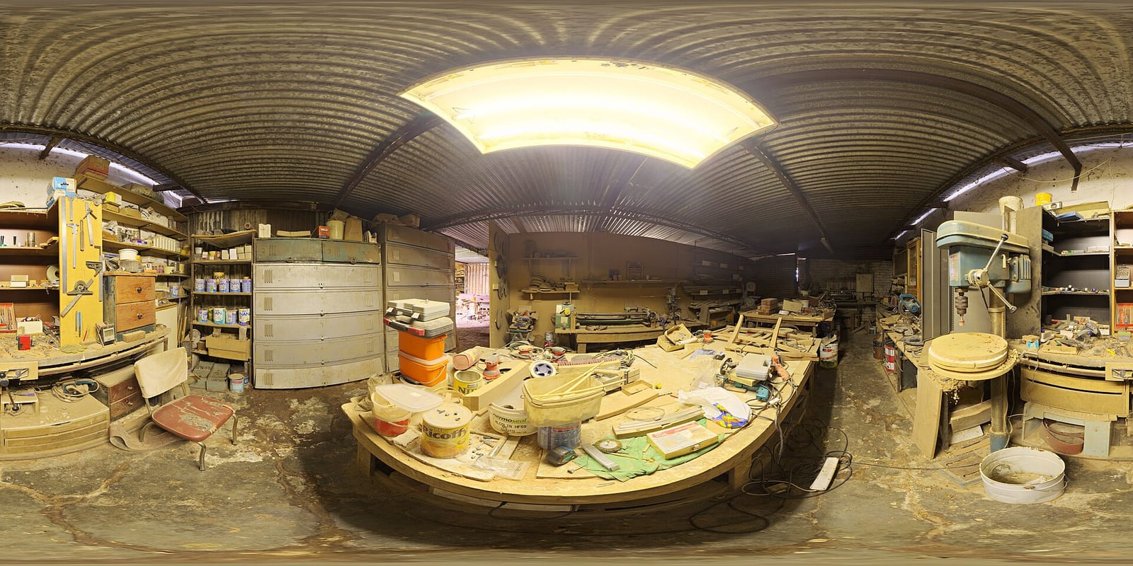 Warm carpentry shop with benches and hand tools